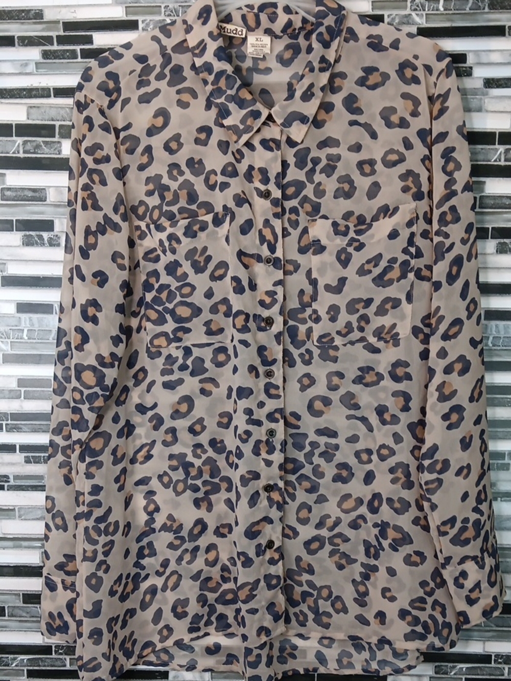 Y2k Cheetah Print Sheer Blouse Long Sleeve Pockets Slinky XL Mob Wife Dressy Top